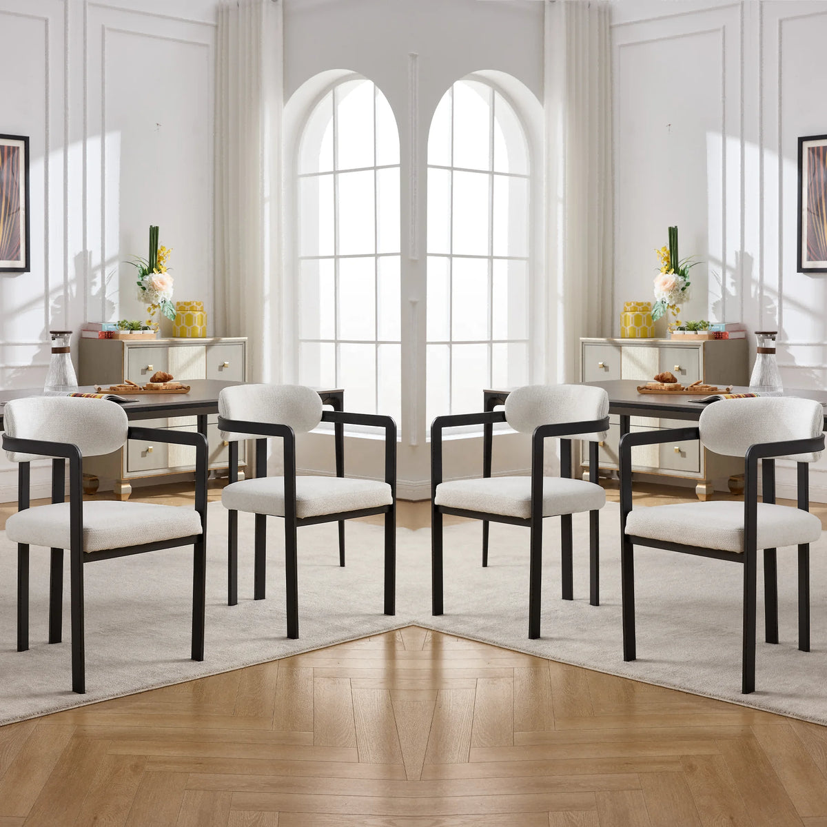 Mid-Century Modern Dining Chairs Set of 2  Soft Upholstered Fabric Chairs Black Metal Legs Ergonomic Comfort for Dining Room