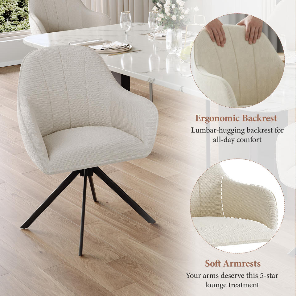Modern Beige Linen Tufted Portable Reclining Swivel Dining Chair with 360 Rotation Ergonomic Backrest for Home Restaurant Hotel (Set of 2)
