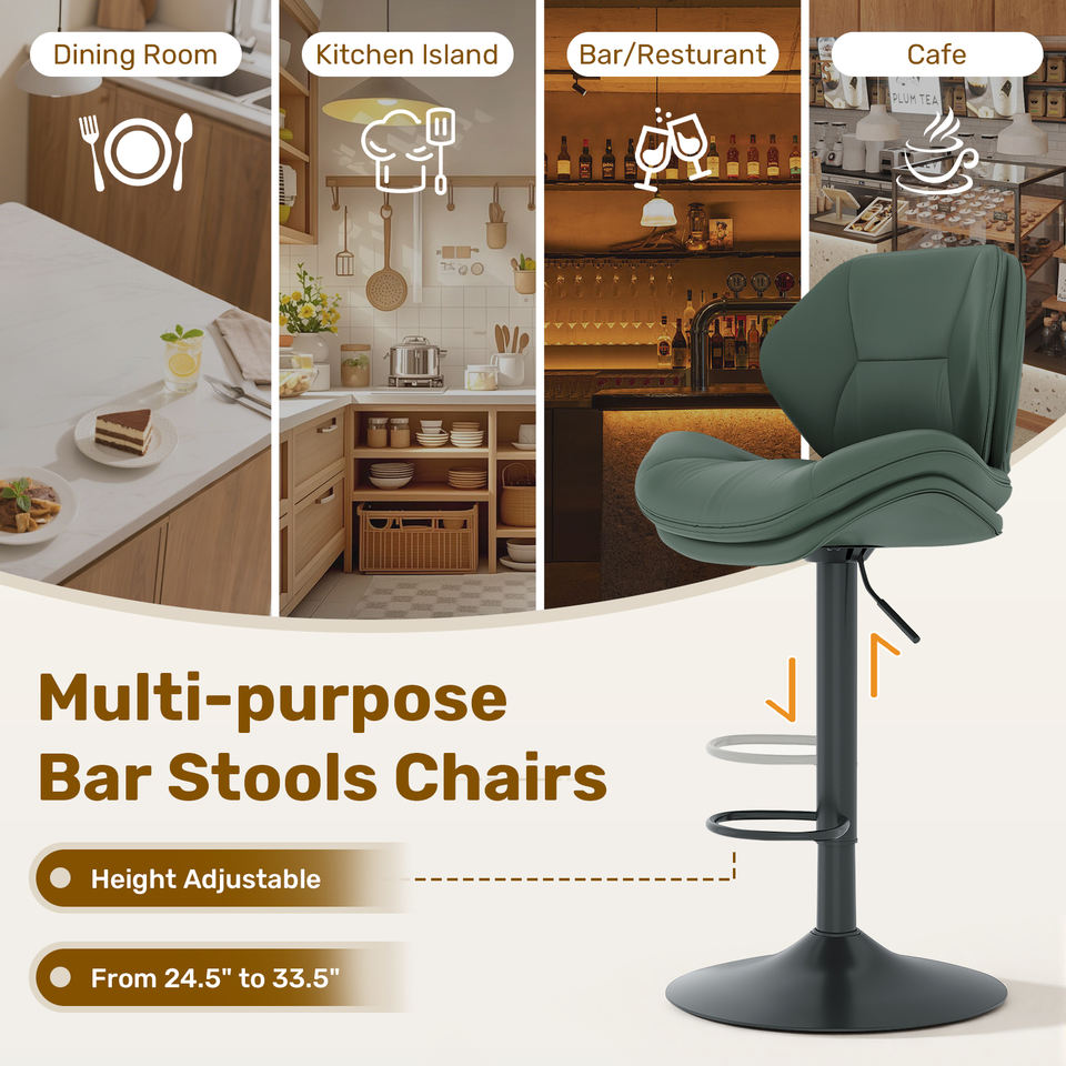 Modern Adjustable Steady Outdoor Rustic Bar Stools Ergonomic PU Leather Stainless Steel Frame Double-Layer Cushion Counter (Set of 2)