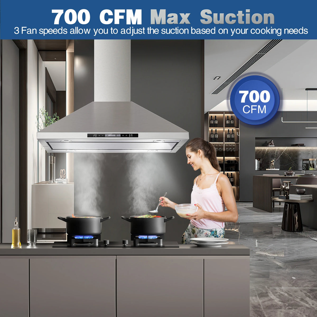 90CM Island Range Hood 36 Inch 700 CFM Ceiling Mount Kitchen Hood Vent with Gesture  &Touch Control ,3 Speeds Fan,4 LED Lights,