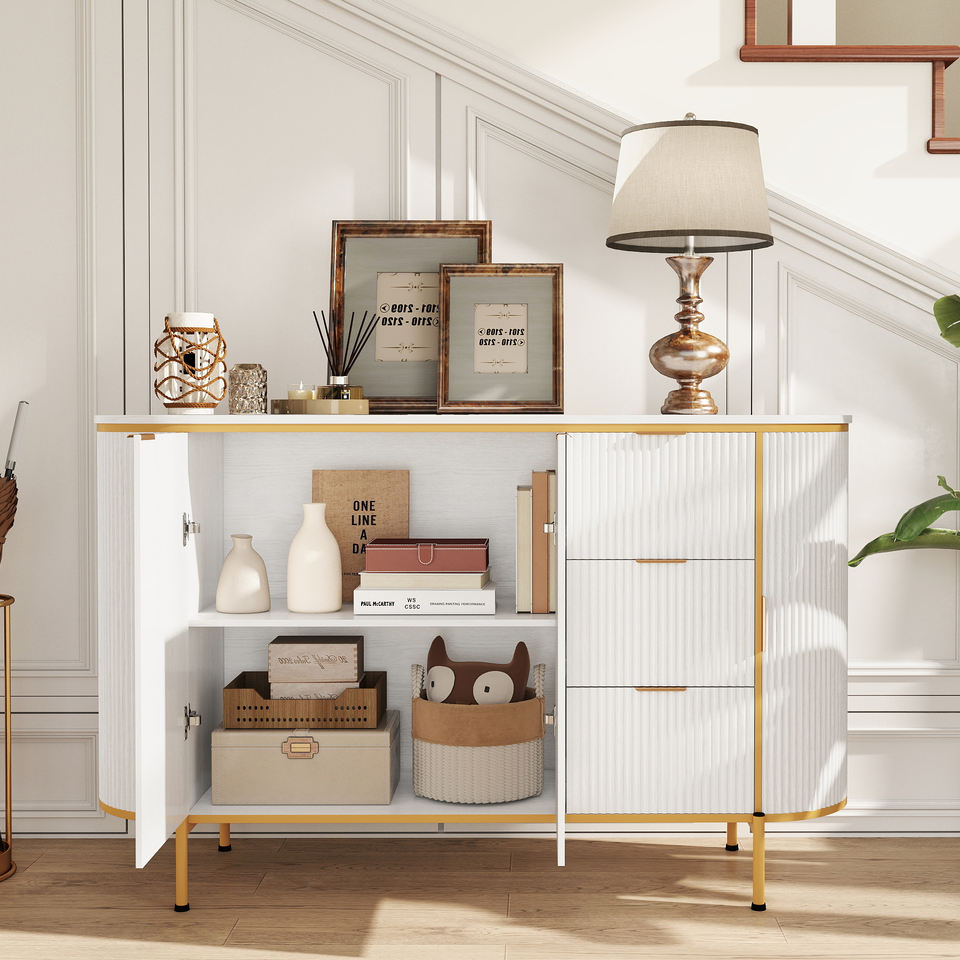 Modern Curved Solid Wood Accent Cabinet with Gold Trim Fluted Design 2 Doors 5+ Drawers Space-Saving for Living Room Dining Room