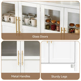 Modern Minimalist Handmade Solid Wood 4-Door Storage Cabinet with Shaker Glass Doors & Gold Handles for Living Room Dining Room