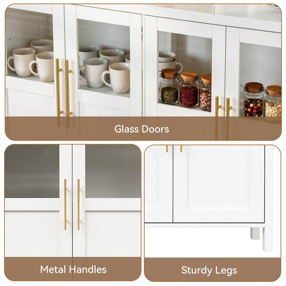 Four-door glass cabinet styled for living room storage and decor