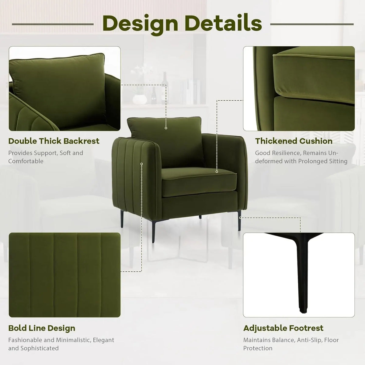 Velvet Comfy Single Seat Sofa Chair Mid-Century Modern Armchair with 1 Pillow and Metal Legs for Bedroom Office Reading