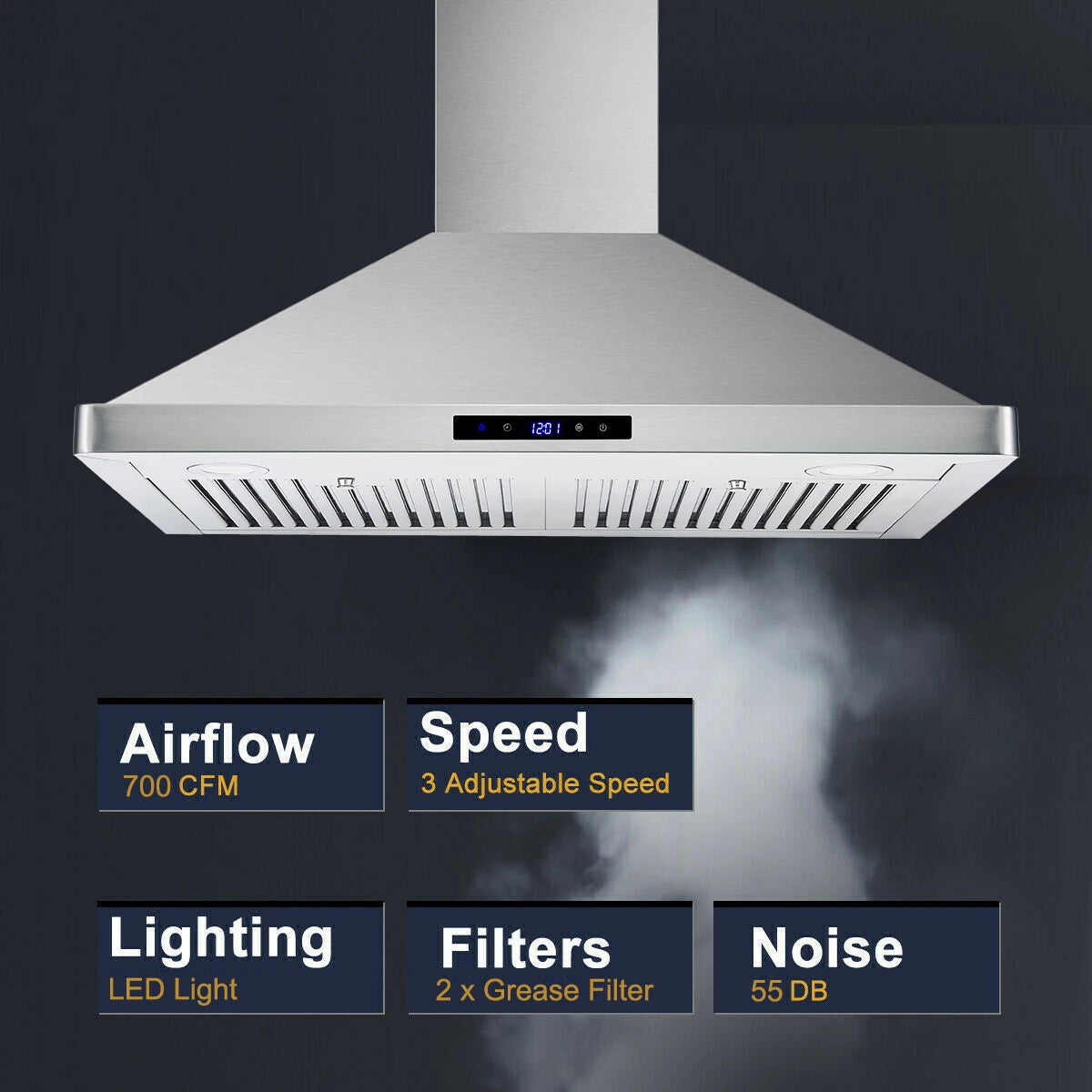 Wall Mount Range Hood 30 Inch Kitchen Hood 700 CFM ,Touch Control,Permanent Filters, Stainless Steel, 3 Speed Exhaust Fan, LED