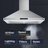 Wall Mount Range Hood 30 Inch Kitchen Hood 700 CFM ,Touch Control,Permanent Filters, Stainless Steel, 3 Speed Exhaust Fan, LED