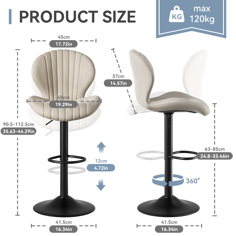 Modern Steady Height Adjustable Bar Stool Ergonomic Design Swivel Kitchen Counter Chair Soft Fabric Rebound Sponge Stainless (Set of 3)