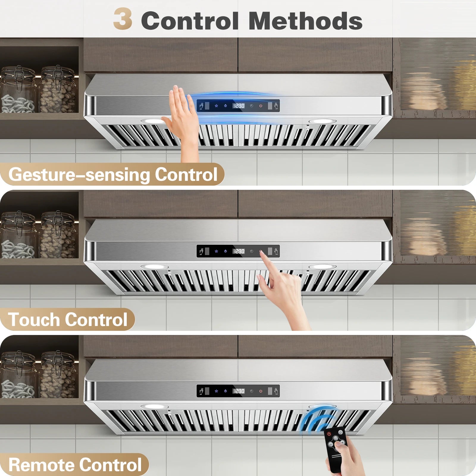 Under Cabinet Range Hood 30 Inch,Stainless Steel Touch/Gesture/Remote Control,700CFM & 3-Speed Kitchen Stove V - view 2
