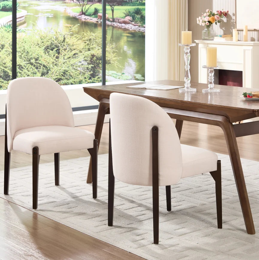 Stock Modern Upholstered Dining Chairs Set of 2 Beige Fabric with Solid Wood Legs Ergonomic Backrest for Kitchen Dining Room