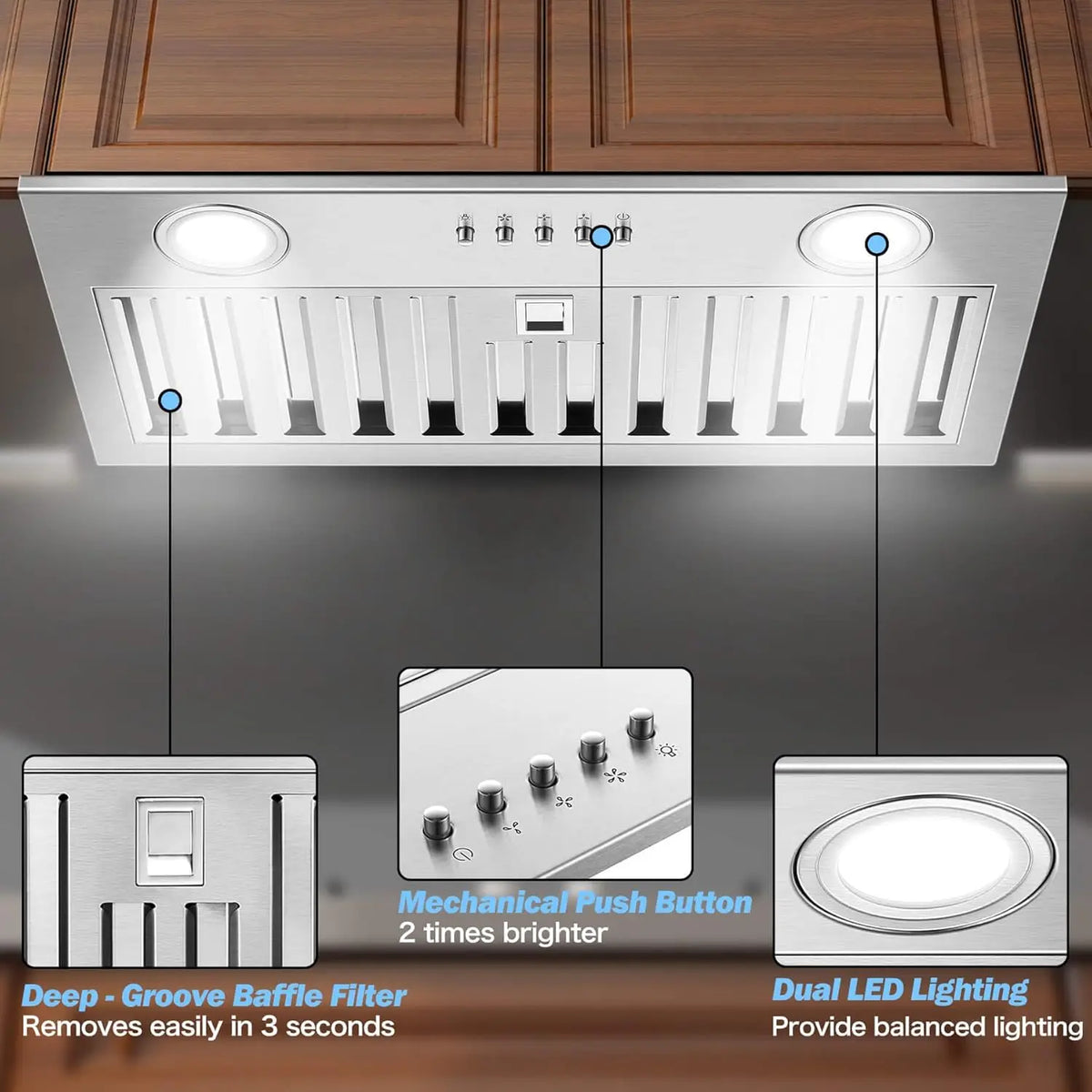 Range Hood Insert 20 Inch 600 CFM Stainless Steel,  Ultra-Quiet Built-in Kitchen Exhaust Hood with Dishwasher-Safe Filter,