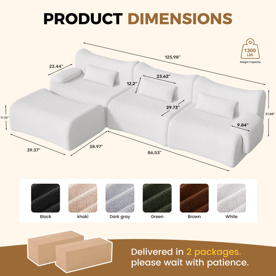 Velvet Teddy Fabric Modular Sofa Ottoman Ergonomic Curved Design No Assembly Required Oversized L-Shape Sofa Bed Upholstered