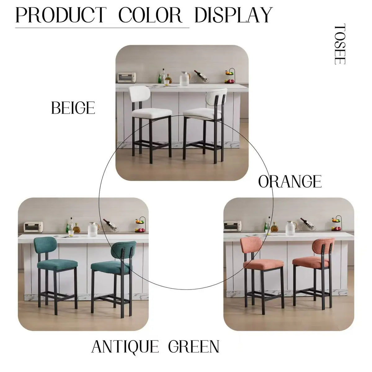 Modern Home Bar Stools with Fabric Cushion Set of 2 Ergonomic Backrest Metal Legs for Hotels Dining and Kitchen Use
