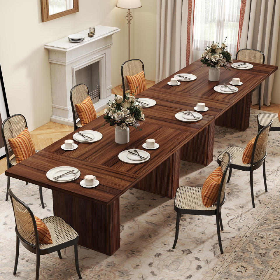 Rectangular Solid Wood Handmade Dining Table for 2 People Modern Farmhouse Design Grooved Wood-Strip Base Workshop Furniture