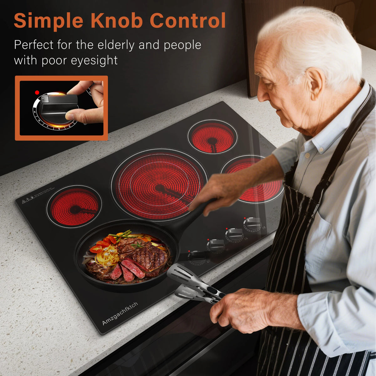 30 Inch Built-in Electric Cooktop with Expandable Triple Ring Burners, 5 Burner 9000W Ceramic Stove Top - Easy Knob Controls