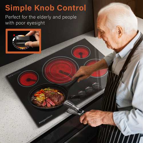 30 Inch Built-in Electric Cooktop with Expandable Triple Ring Burners, 5 Burner 9000W Ceramic Stove Top - Easy Knob Controls