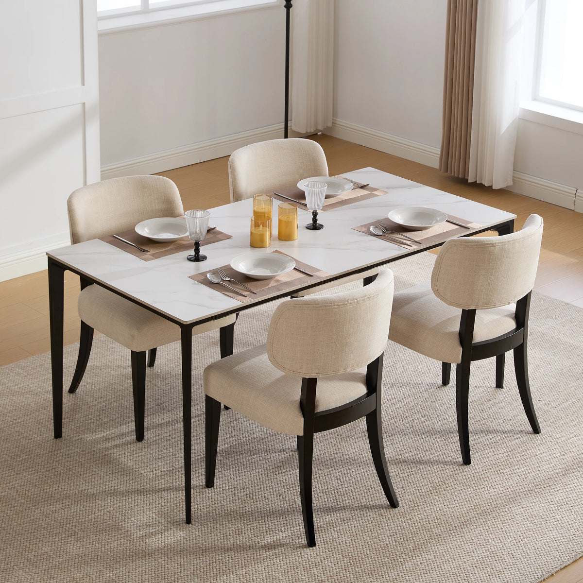 Modern Upholstered Set of 2 Beige Linen Fabric Dining  Chairs with Black Solid Wood Legs for Kitchen Dining Room Furniture