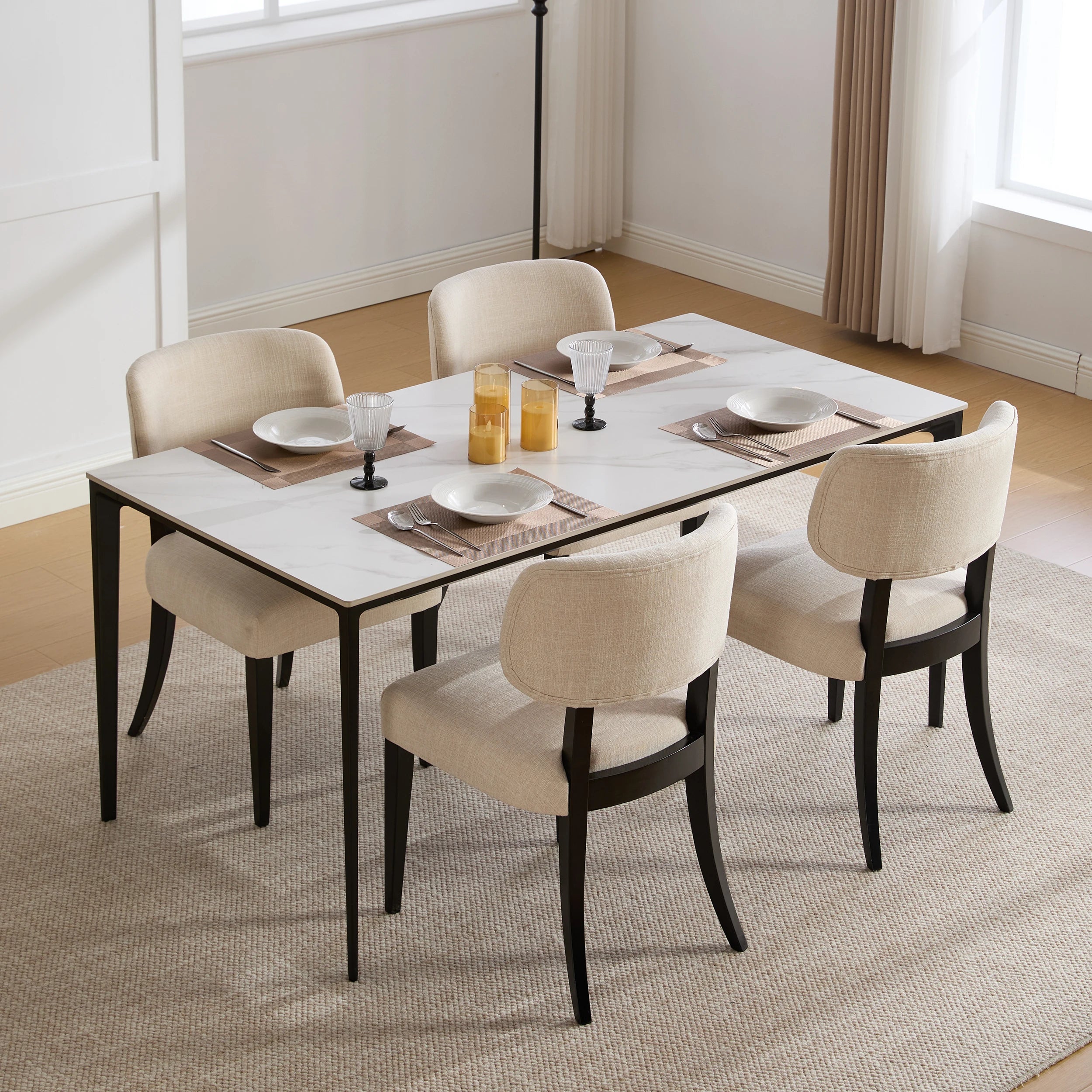 Modern Upholstered Set of 2 Beige Linen Fabric Dining  Chairs with Black Solid Wood Legs for Kitchen Dining Ro - view 5