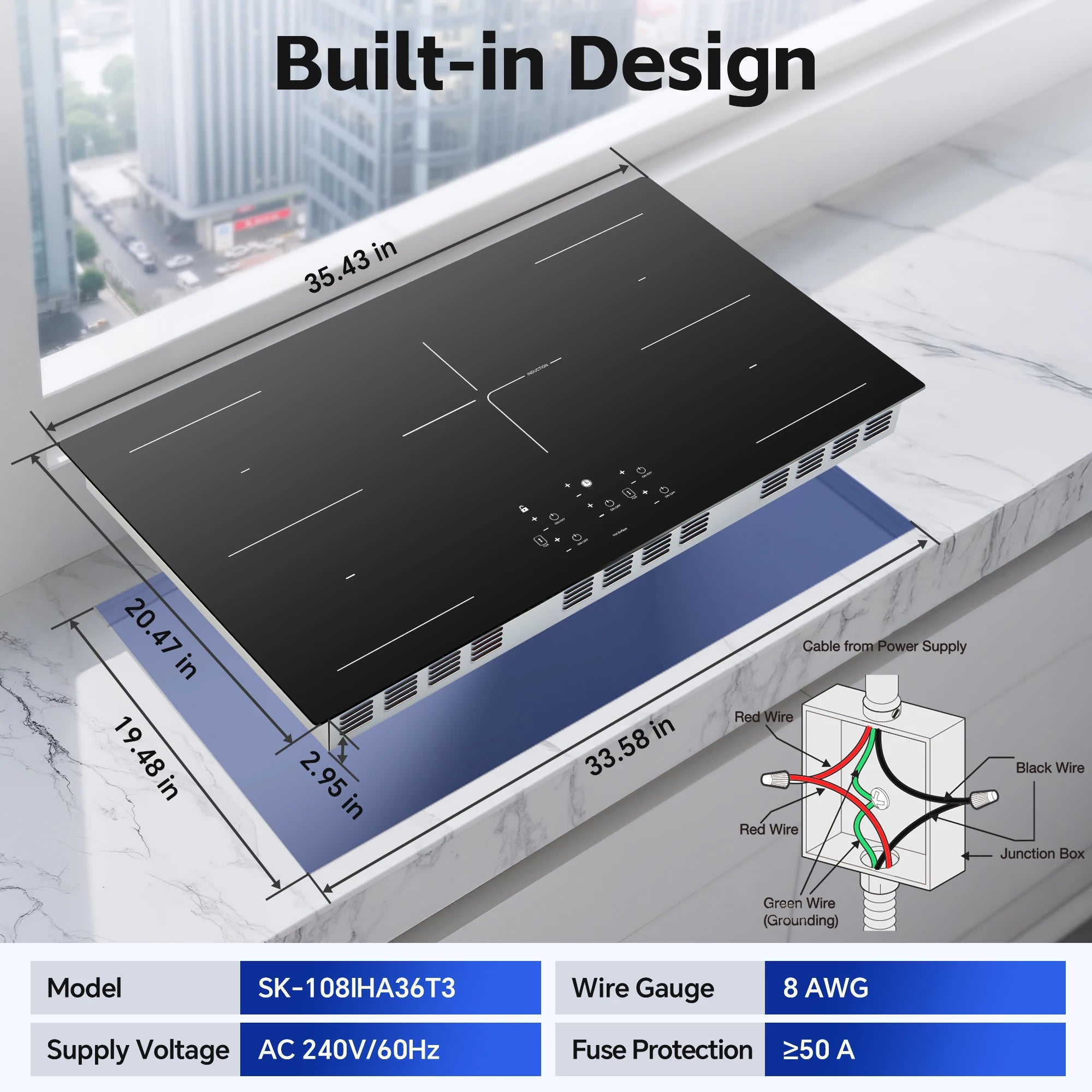 36 Inch Built-in  Electric Induction Cooktop 5 Burners, 10800W,Booster, Timer, Child Lock, Sensor Touch Control,No Plug
