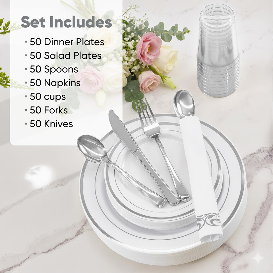 700 PCS Durable Disposable PET Eco-Friendly Party Dinnerware Set Tableware Kit Plates Cups Cutlery Napkins BPA Free Microwave