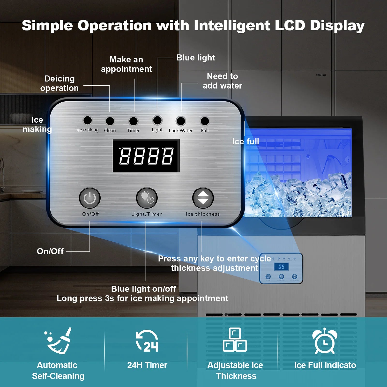 Commercial Ice Maker, 100lbs/24H Ice Maker Machine, Auto Self-Cleaning, LED Digital Display, Under Counter/Fre - view 4