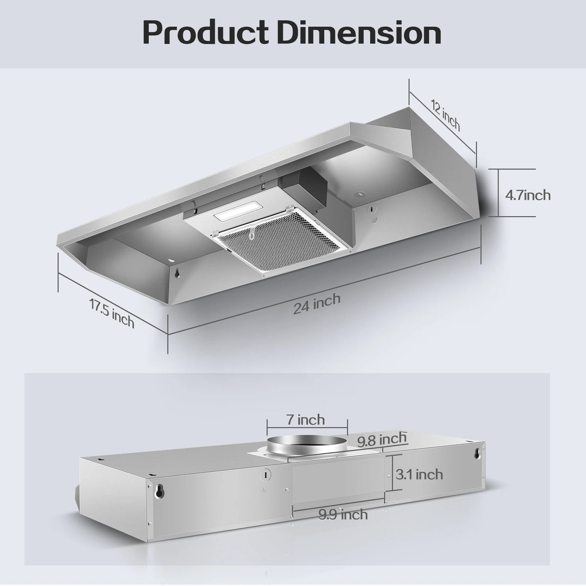 24 Inch Range Hood Under Cabinet, Stainless Steel Kitchen Hood 280CFM, Ducted/Ductless Vent Hood with Rocker Button Control