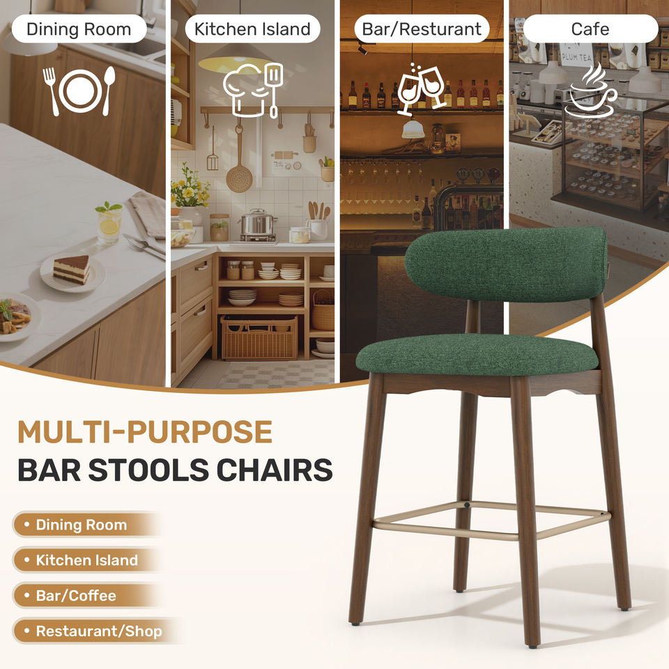 Eco-Friendly Fabric Durable Modern Bar Chair Solid Wood Frame 26.5 Inch Height Backrest for Kitchen Island Outdoor Hotel Use (Set of 3)