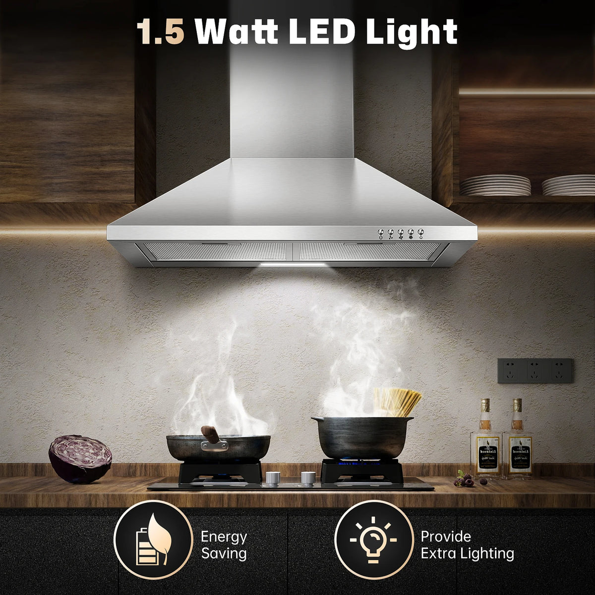 24 Inch Range Hood,Stainless Steel Oven Vent Hood,Wall Mount Kitchen Hood ,Push Button Control,3-speed Fan