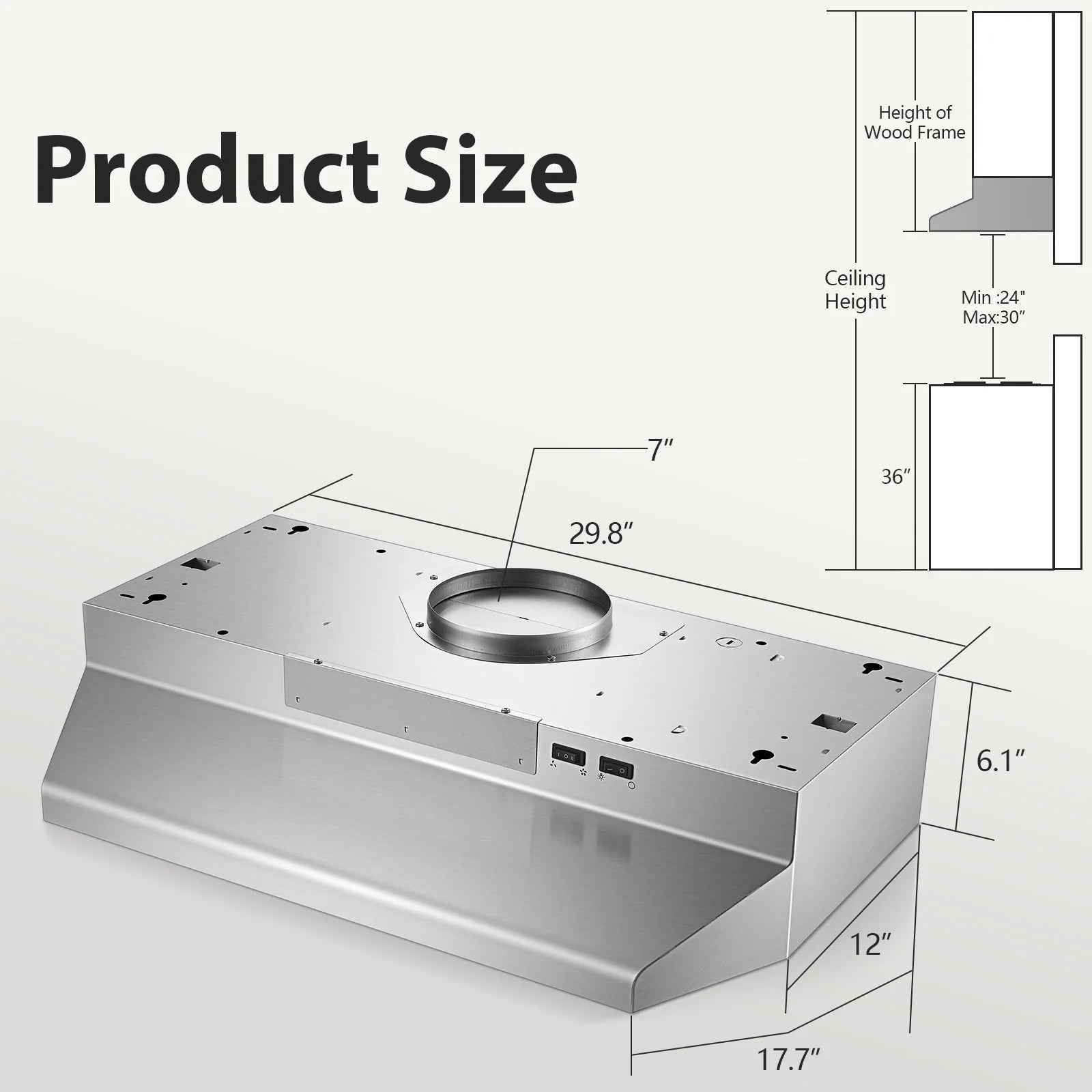 30 Inch Stainless Steel Under Cabinet Range Hood 400CFM Convertible Vent Hood with 2 Speed Exhaust Fan and Rocker Switch Control