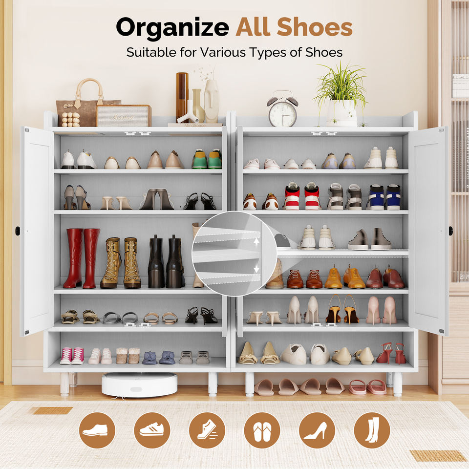 Wood shoe storage cabinet front view highlighting clean modern design