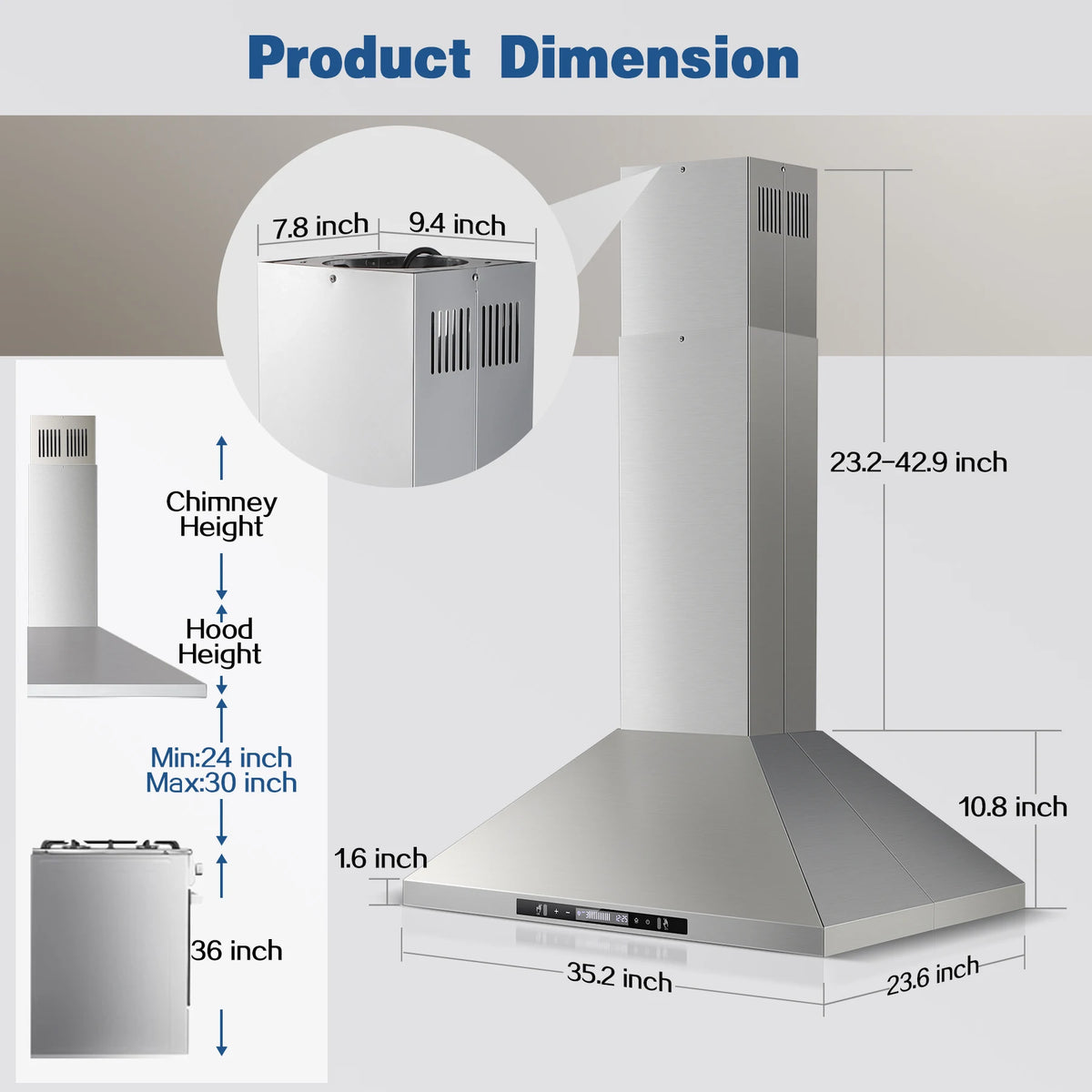 90CM Island Range Hood 36 Inch 700 CFM Ceiling Mount Kitchen Hood Vent with Gesture  &Touch Control ,3 Speeds Fan,4 LED Lights,