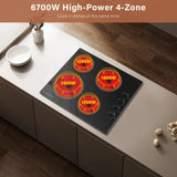 24inch Built-In 4 Burner Electric Cooktop, Dual-Ring Burners, 6700W Radiant Stove Top with Knob Control,Ceramic Hob