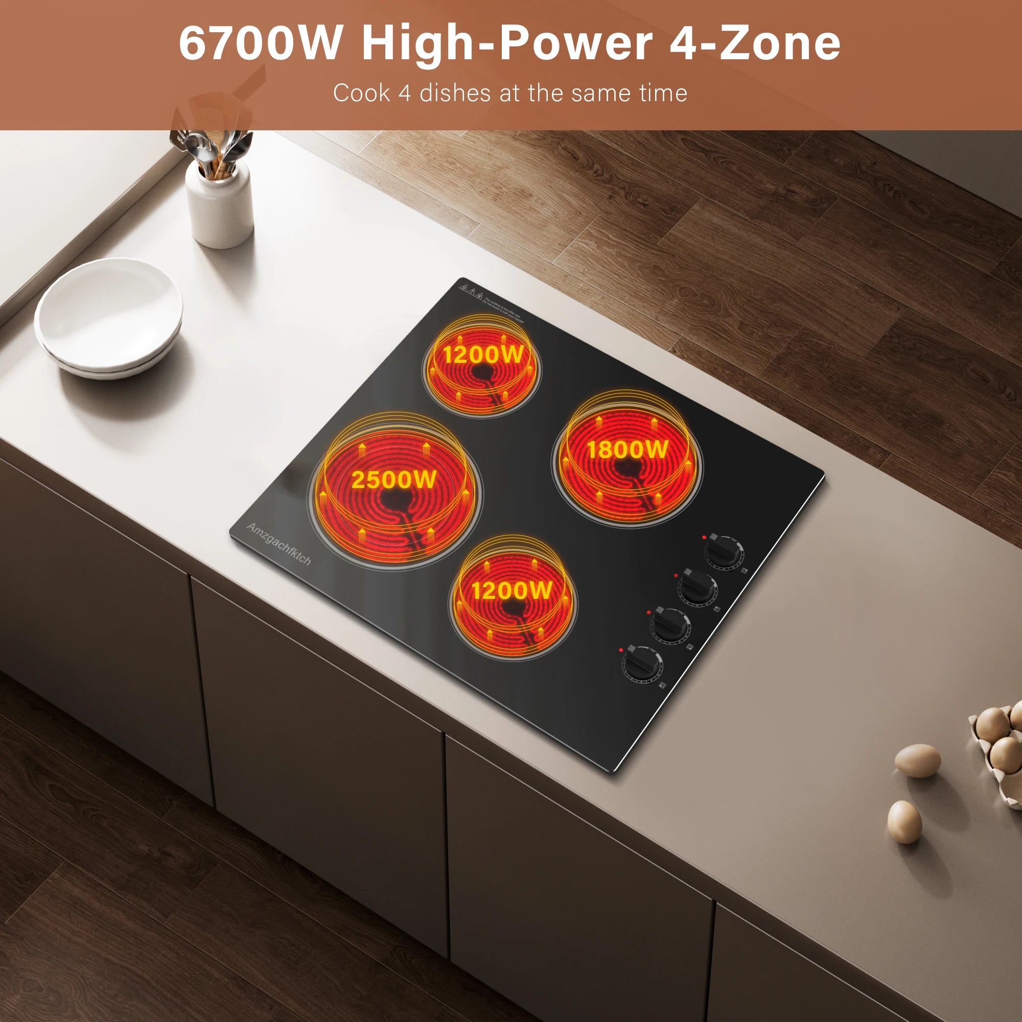 24inch Built-In 4 Burner Electric Cooktop, Dual-Ring Burners, 6700W Radiant Stove Top with Knob Control,Ceramic Hob