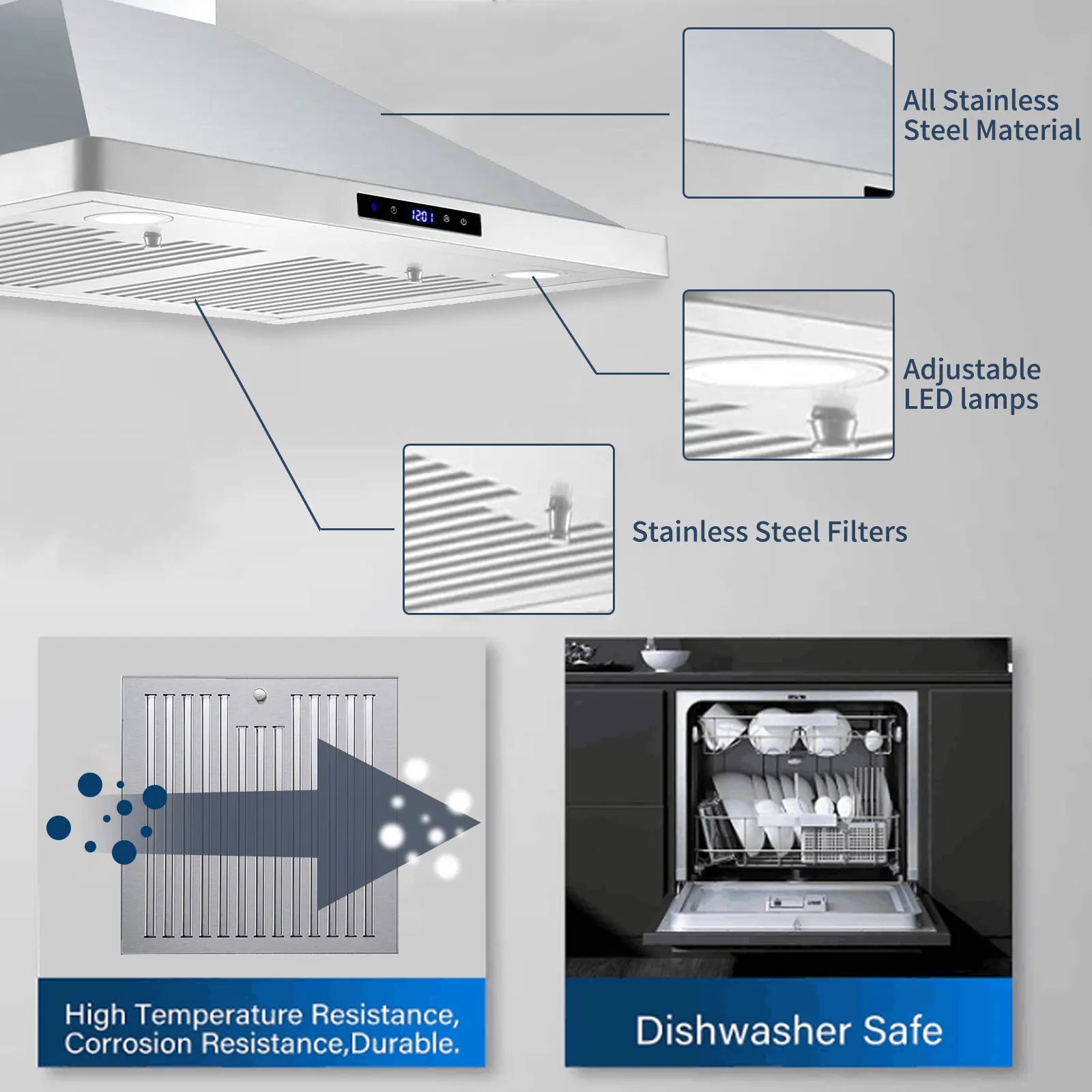 Wall Mount Range Hood 30 Inch Kitchen Hood 700 CFM ,Touch Control,Permanent Filters, Stainless Steel, 3 Speed  - view 2