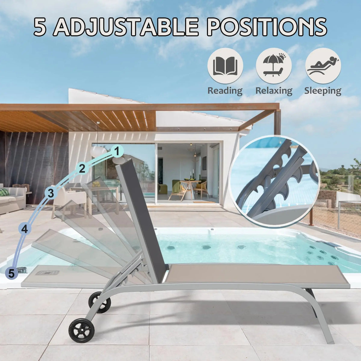 Set of 2 Aluminum Patio Chaise Loungers with Table