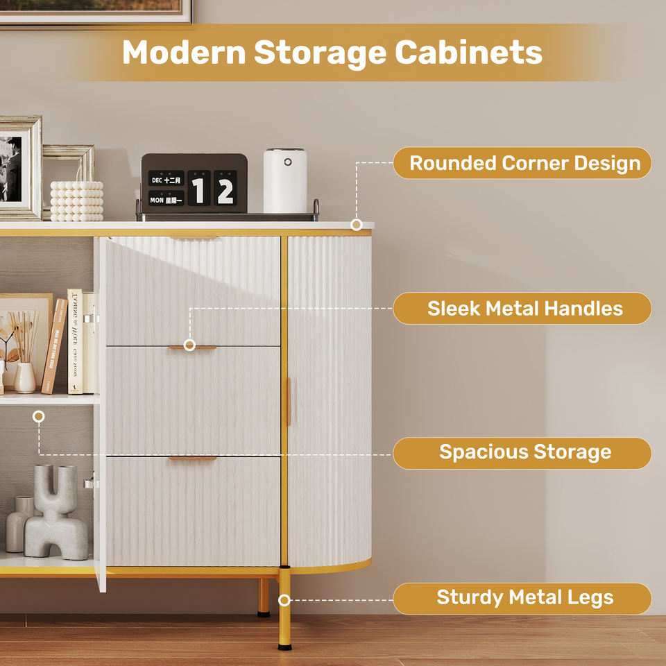 Modern Curved Solid Wood Accent Cabinet with Gold Trim Fluted Design 2 Doors 5+ Drawers Space-Saving for Living Room Dining Room