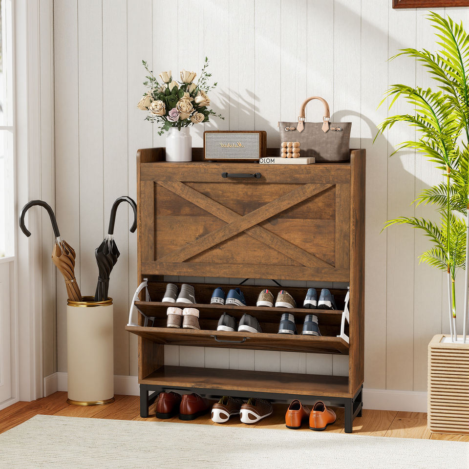 Modern Eco-Friendly Space-Saving Barn Door Flip-Top Adjustable Modular Shoe Rack Durable Wood Construction Home Furniture