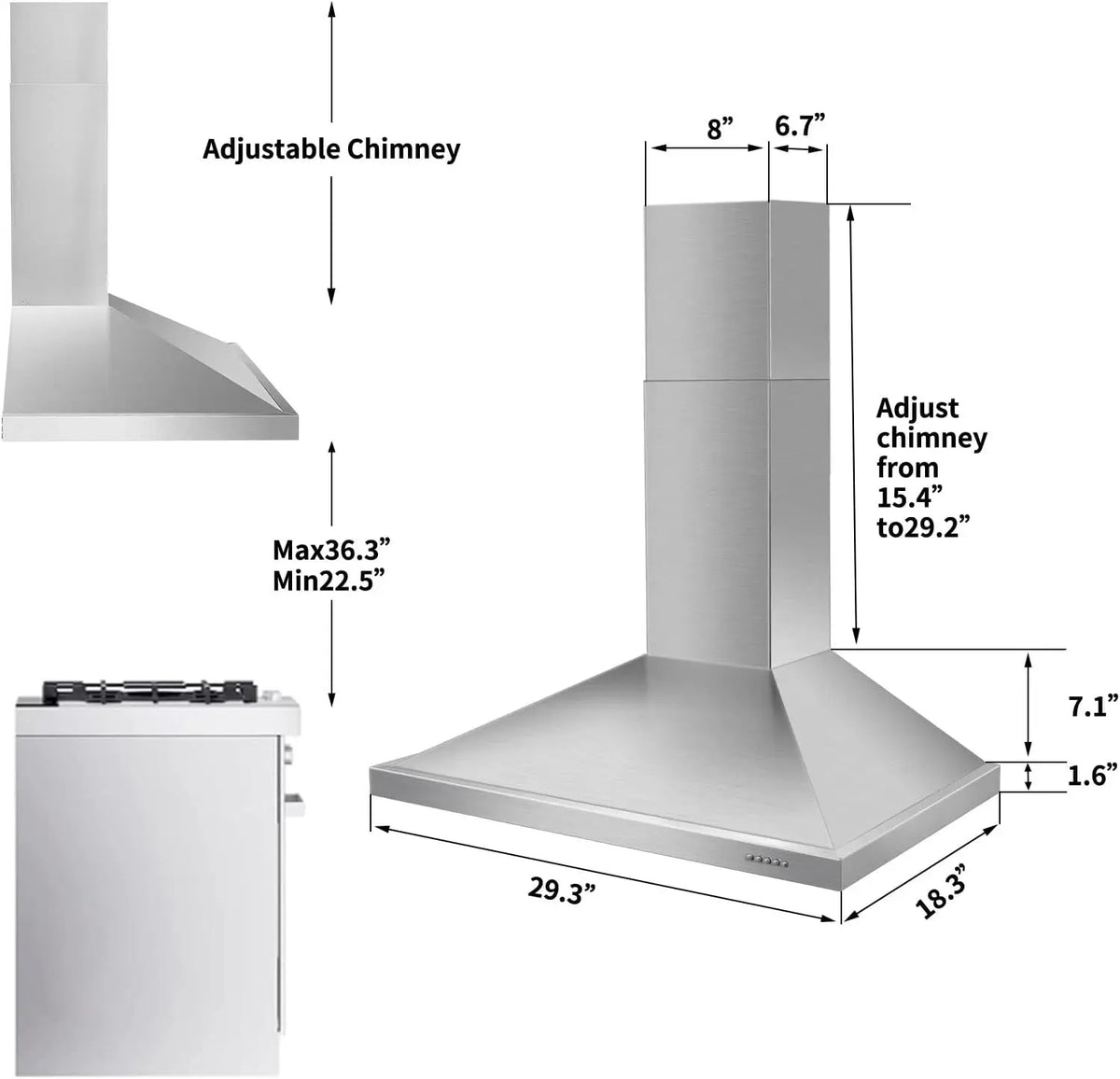 Wall Mount Range Hood 30 Inch Stainless Steel Chimney-Style Over Stove Vent Hood with LED Light, 3 Speed Exhaust Fan, 450 CFM