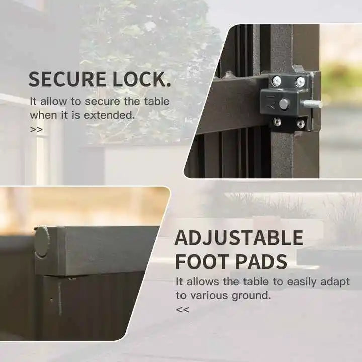 Close-up of black metal table's secure lock and adjustable foot pads