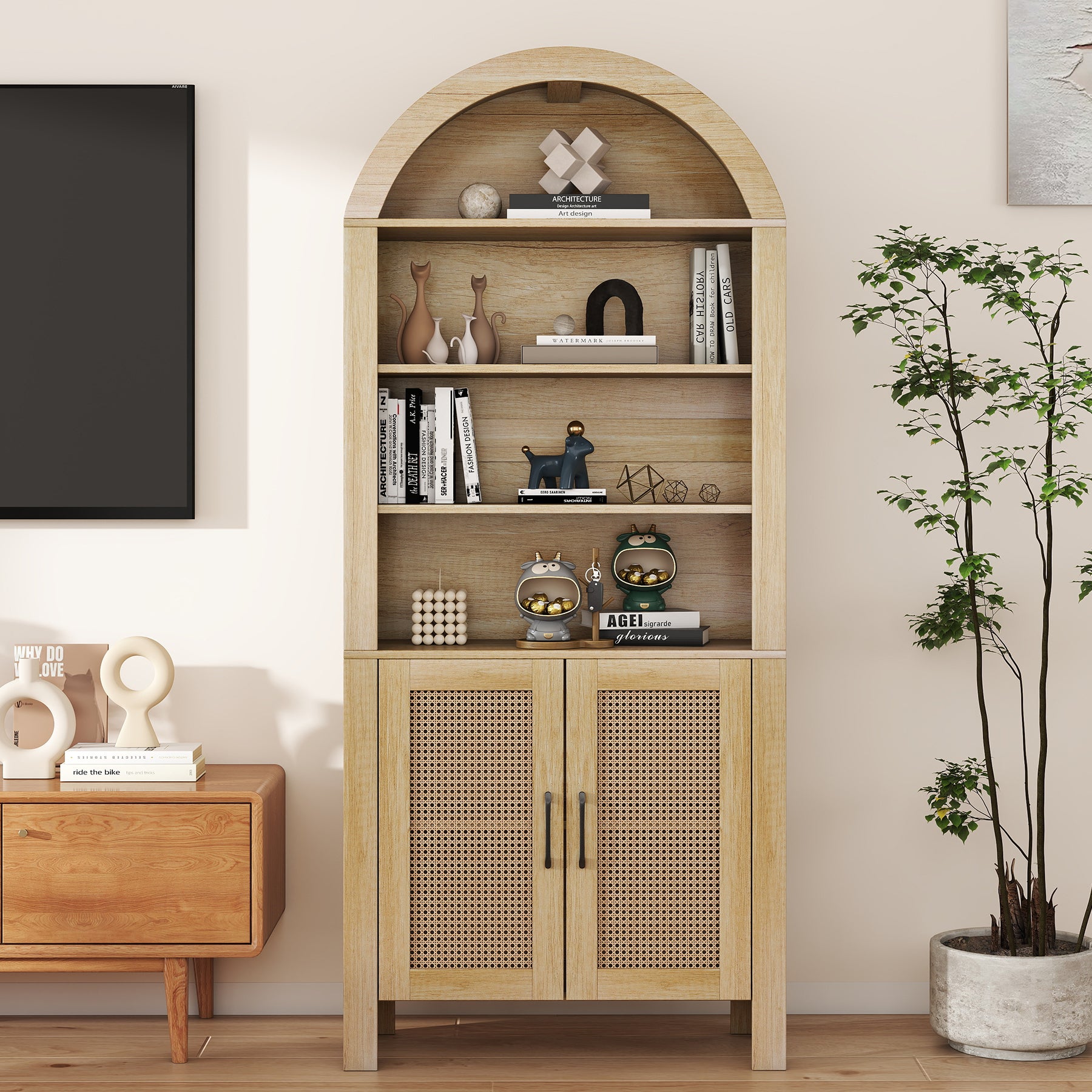 Arched Modern Eco-Friendly Durable Wood Multifunction Bookshelf Rattan Doors Adjustable Shelves Tall Ample Storage Display