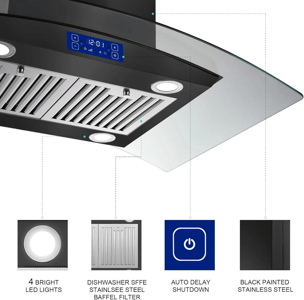 Island Range Hood 36 Inch 700 CFM Ceiling Mount Kitchen Stove Hood Ducted with Tempered Glass 4 LED Lights Gesture/Touch Control