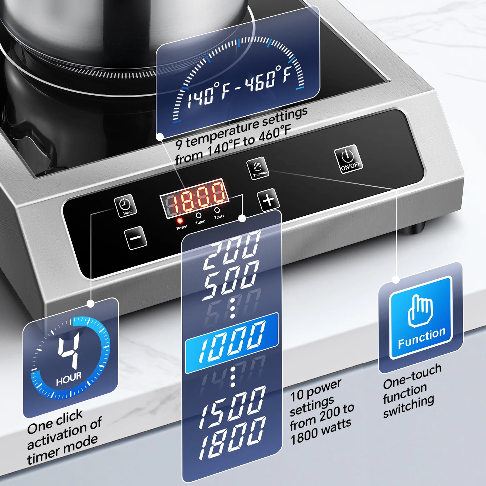Commercial Induction Cooktop,1800W Induction Burner with Sensor Touch and LCD Screen,ETL-Certified Single Elec - view 3