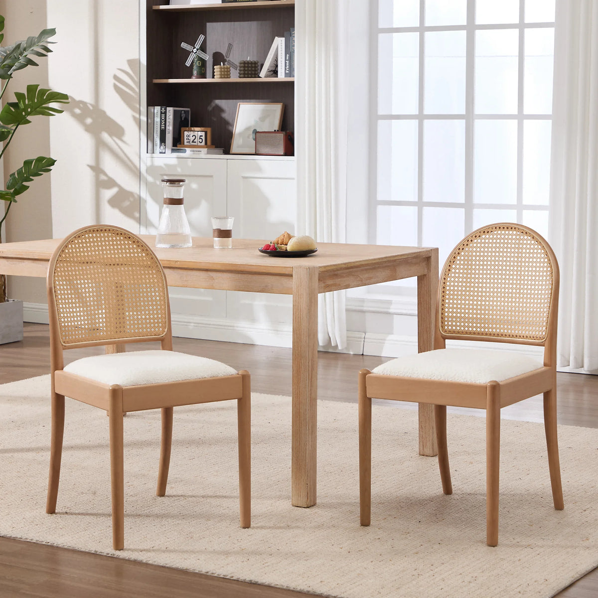 Modern Upholstered Chenille Seat Ergonomic Backrest with Wood Legs Rattan Dining Chairs Set of 2 for Kitchen Restaurant Home