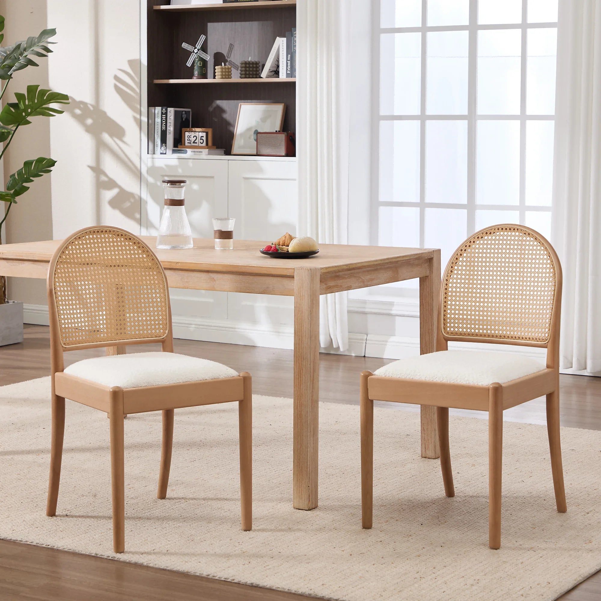 Modern Upholstered Chenille Seat Ergonomic Backrest with Wood Legs Rattan Dining Chairs Set of 2 for Kitchen R - view 4