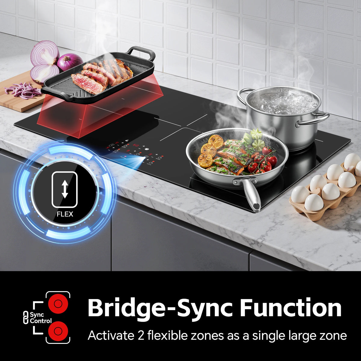 36 Inch Built-in  Electric Induction Cooktop 5 Burners, 10800W,Booster, Timer, Child Lock, Sensor Touch Control,No Plug