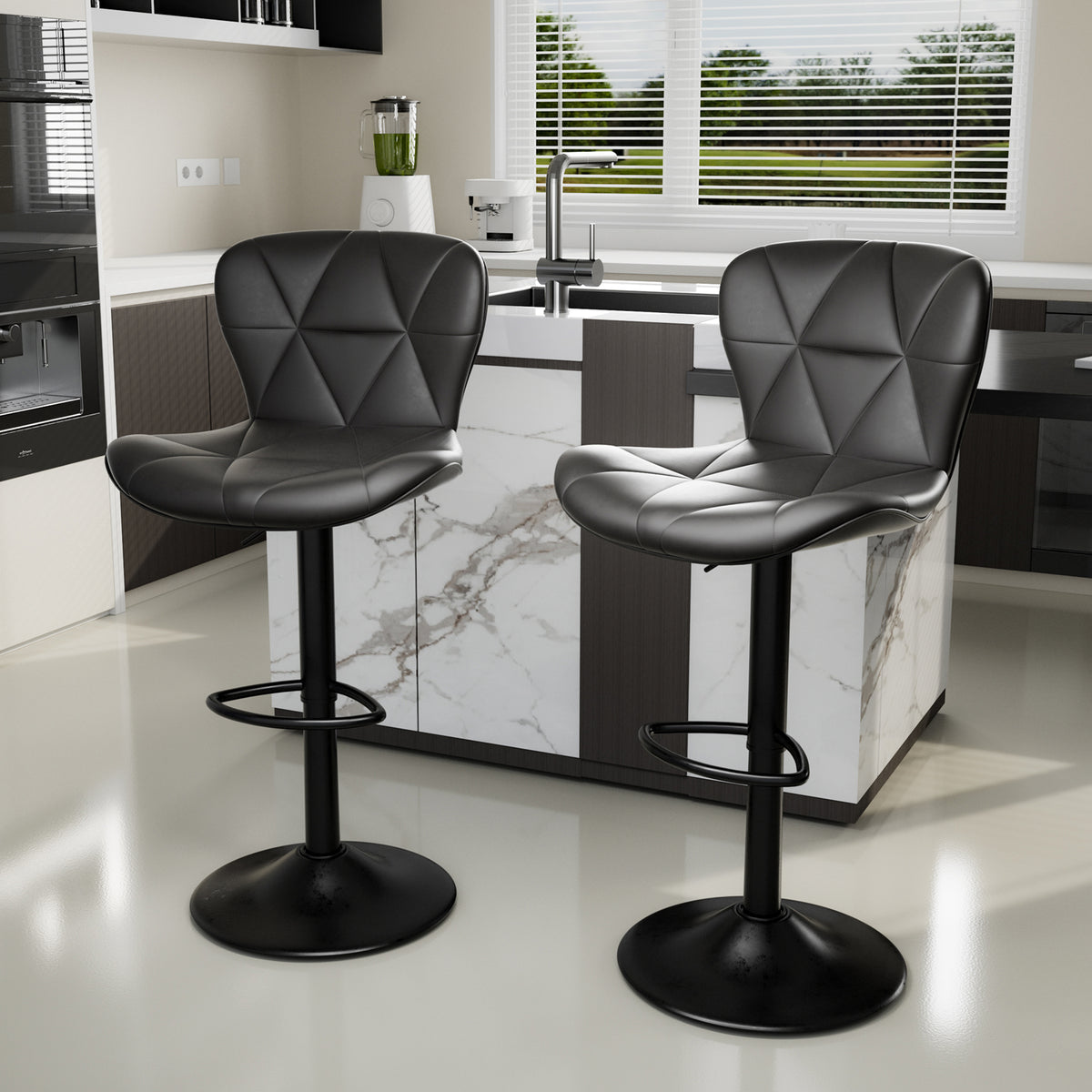 Modern Outdoor Adjustable Swivel PU Faux Leather Upholstered Iron Frame Counter Height High Backrest Home Bar Kitchen Island (Set of 2)