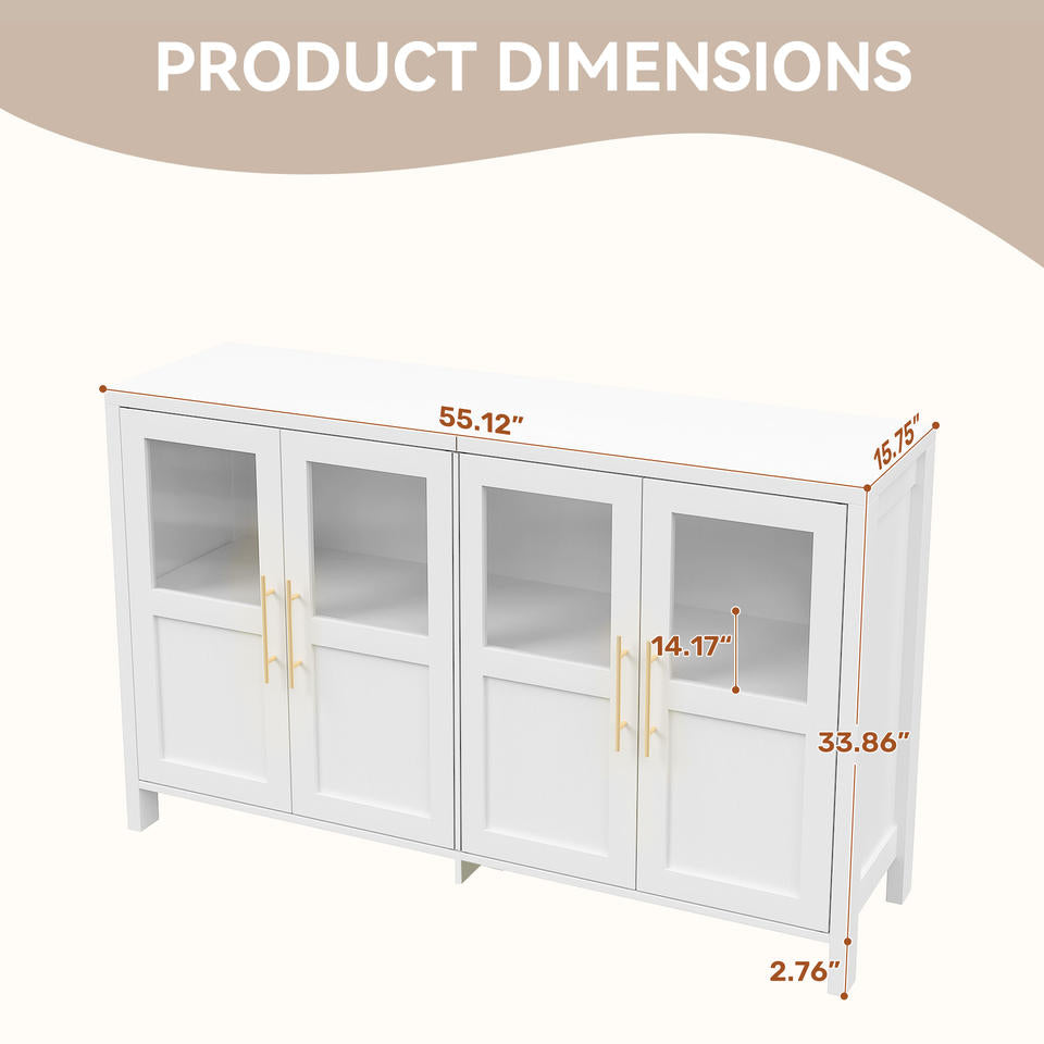 Modern Minimalist Handmade Solid Wood 4-Door Storage Cabinet with Shaker Glass Doors & Gold Handles for Living Room Dining Room