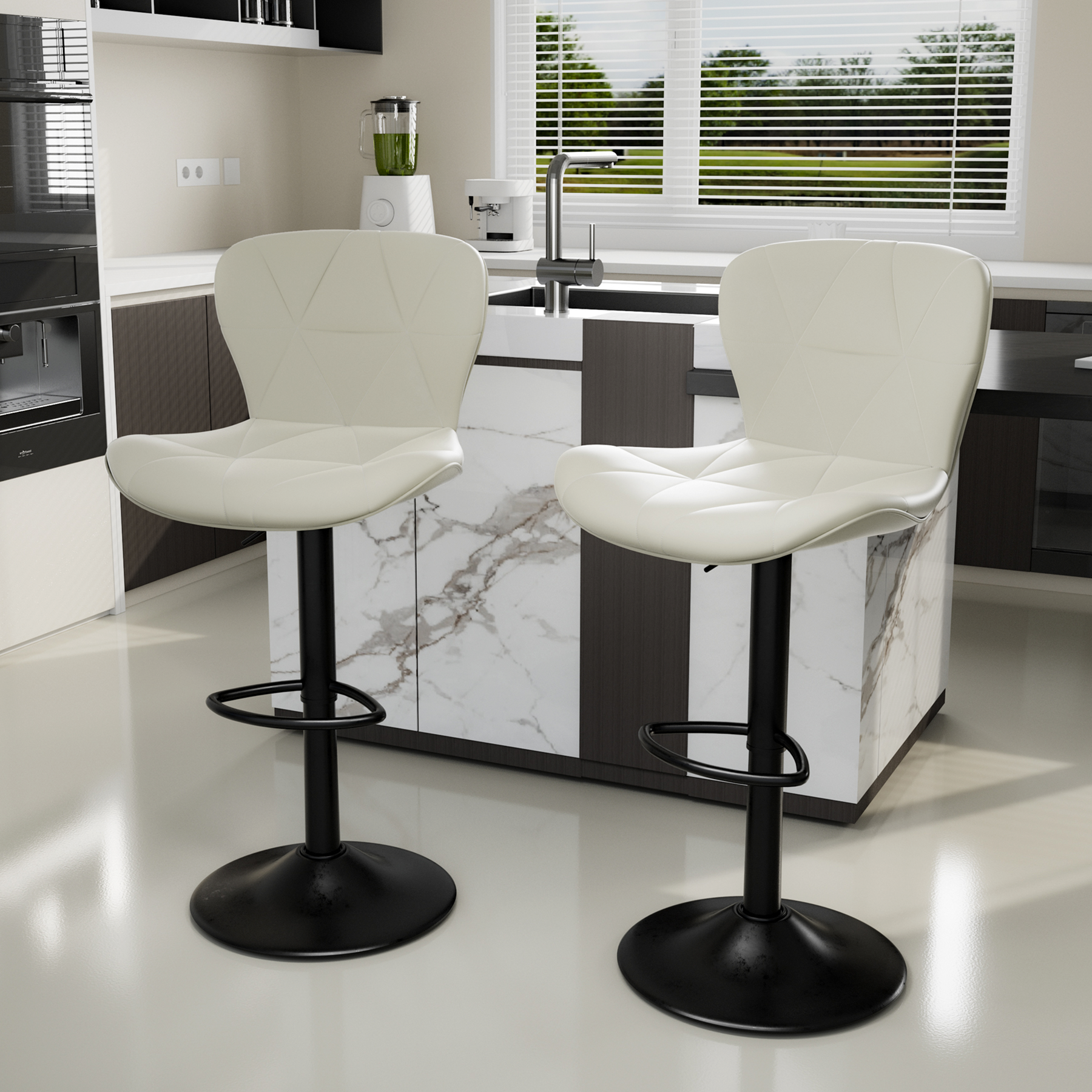 Height Adjustable PU Leather Iron Frame Modern Steady Bar Stool Swivel Diamond Stitching Design Kitchen Counter Chair Home Bar (Set of 2)