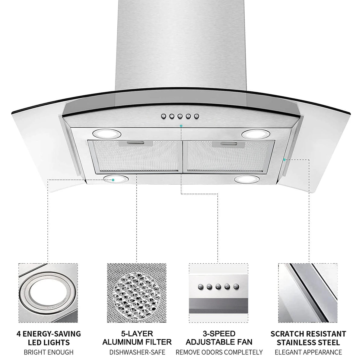 30 Inch Island Range Hood Stainless Steel  Kitchen Exhaust Ventilation Fan with 5-layer  Filters 3 Speed Fan  4 LED