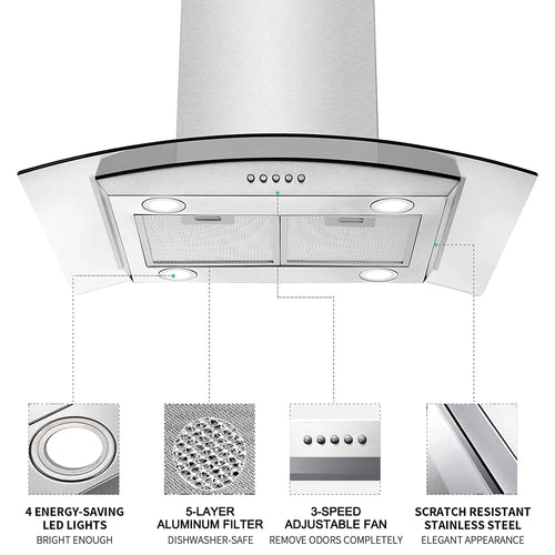 30 Inch Island Range Hood Stainless Steel  Kitchen Exhaust Ventilation Fan with 5-layer  Filters 3 Speed Fan  4 LED