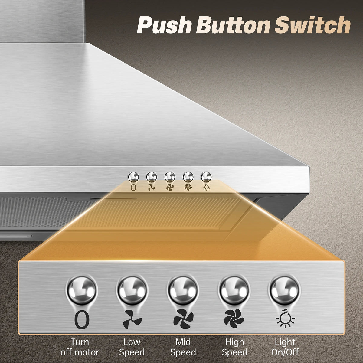 24 Inch Range Hood,Stainless Steel Oven Vent Hood,Wall Mount Kitchen Hood ,Push Button Control,3-speed Fan
